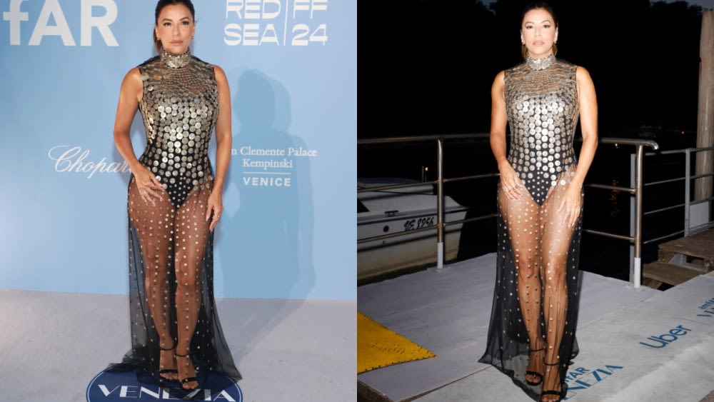 Eva Longoria Embraces the Sheer Trend in Sequined Alberta Ferretti Gown at AmfAR Gala in Venice