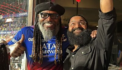 Super excited Rishab Shetty poses with legendary batsman Chris Gayle during RCB vs CSK match: PHOTOS