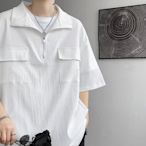 Coco衫-白色高級感半拉鍊短袖男款日式復古口袋設計Polo衫t恤七分袖上衣-質量保障