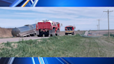 Truck loses milk tank north of Meade