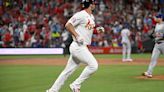 ...Goldschmidt of the St. Louis Cardinals watches his two-run home run against the Chicago Cubs in the third inning at Busch Stadium on Sunday, May 26, 2024, in St...