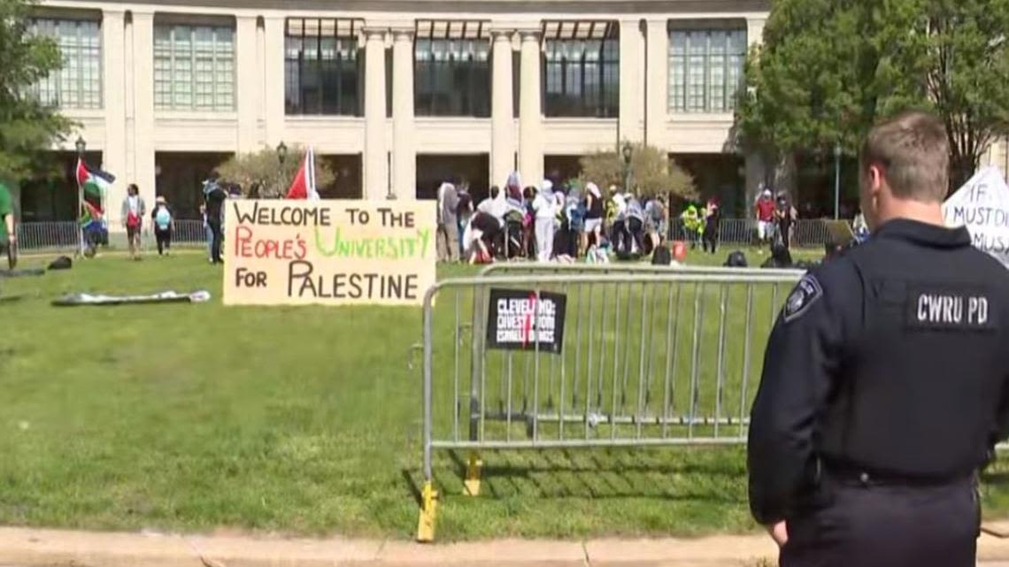 Protest forms at Case Western Reserve University in Cleveland as students on college campuses nationwide speak out amid Israel-Hamas war