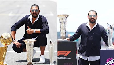 Yuvraj Singh poses with NBA, F1 and T20 World Cup trophies at Miami GP