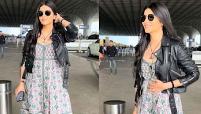 Shruti Haasan layers midi dress with leather jacket to create perfect airport look