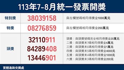 統一發票113年7-8月千萬獎號碼：38039158