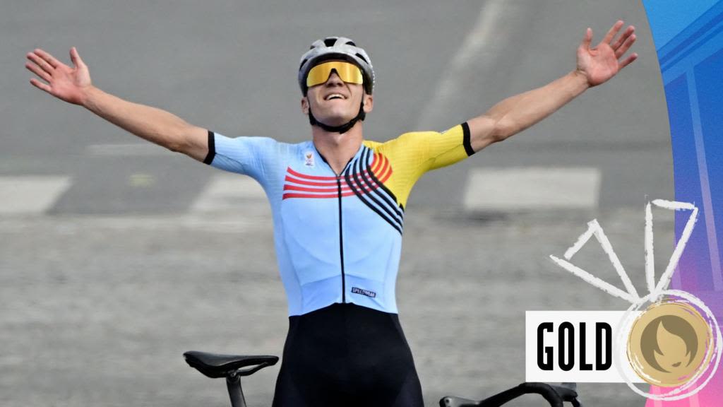 Paris 2024 Olympics video: Belgium's Remco Evenepoel wins road race gold despite late puncture