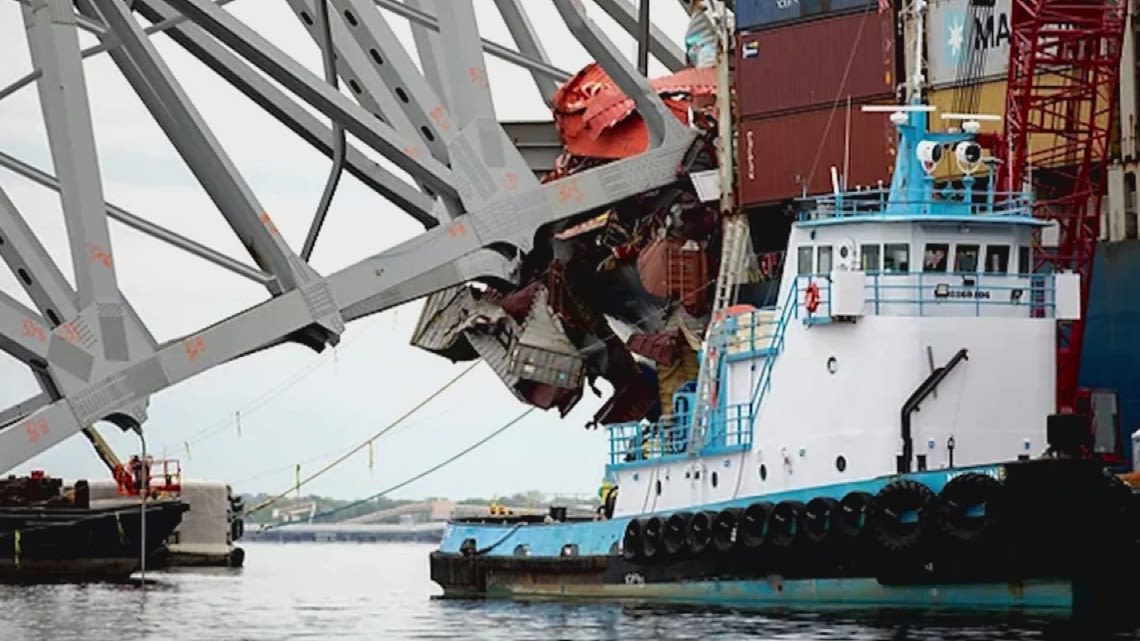 Crews will use explosives to remove Key Bridge debris from cargo ship