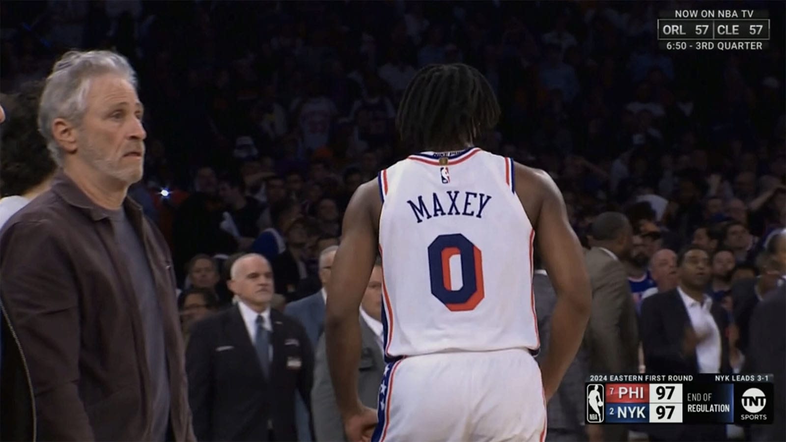 Jon Stewart Addresses Viral Reaction to Tyrese Maxey's Late-Game Flurry vs. Knicks