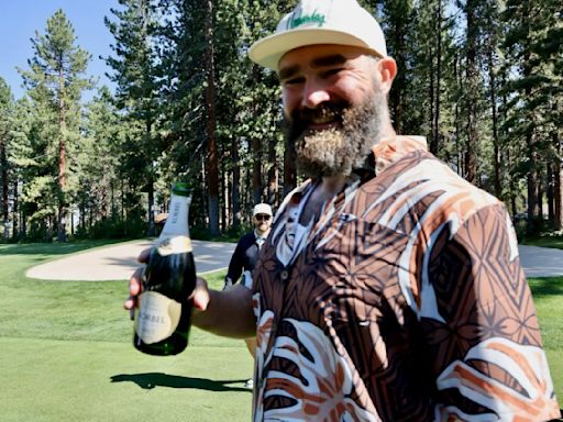 Jason Kelce wins American Century Championship’s Long Drive Competition, celebrates with bubbly