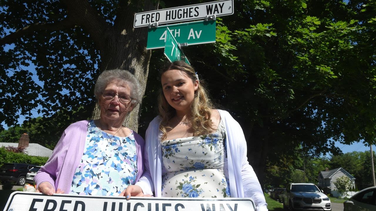 East Northport street renamed for Fred Hughes, the 'Orange Hat' man, known for his village walks