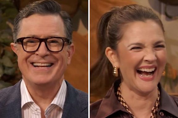 Drew Barrymore flusters Stephen Colbert after his wife compares his flirting to a bull: "Masculine, horny"