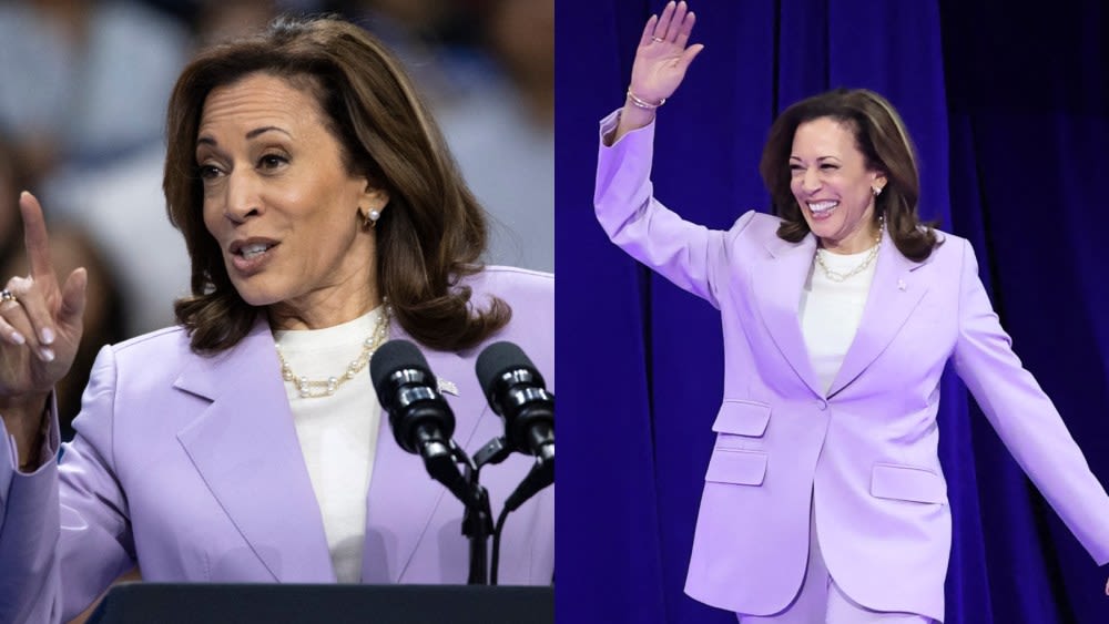 Kamala Harris Recycles Lilac Suit and Irene Neuwirth Pearls for Las Vegas Campaign Rally