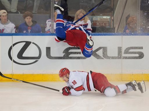 Jacob Trouba goes viral for ‘chin-hunting’ hit attempt, flying into boards during Rangers’ Game 2 win