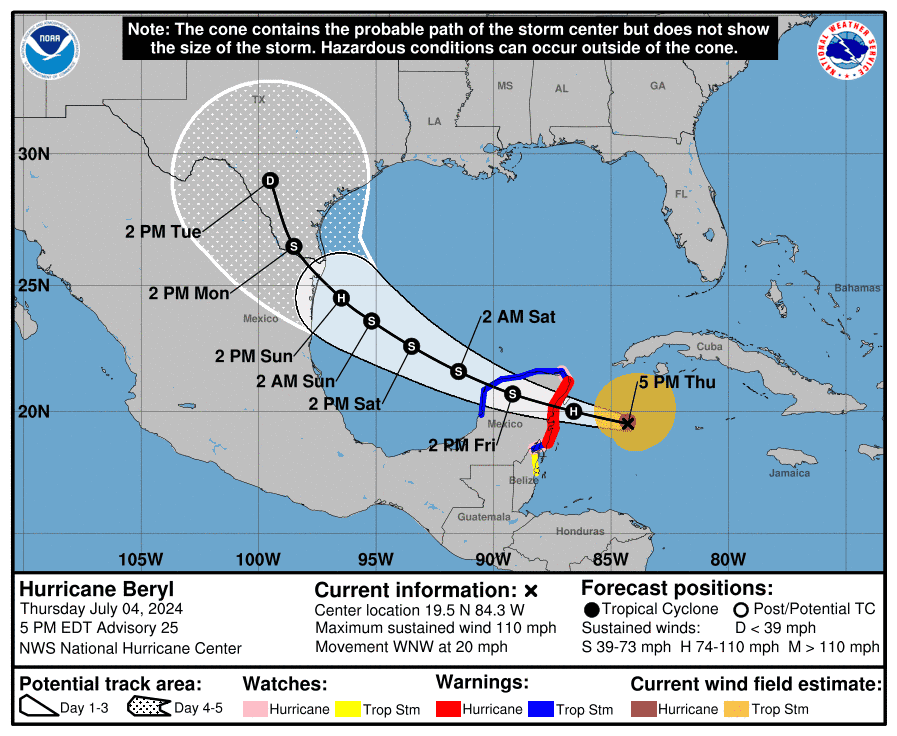 Austin lands within Hurricane Beryl's possible path, though forecast not yet certain