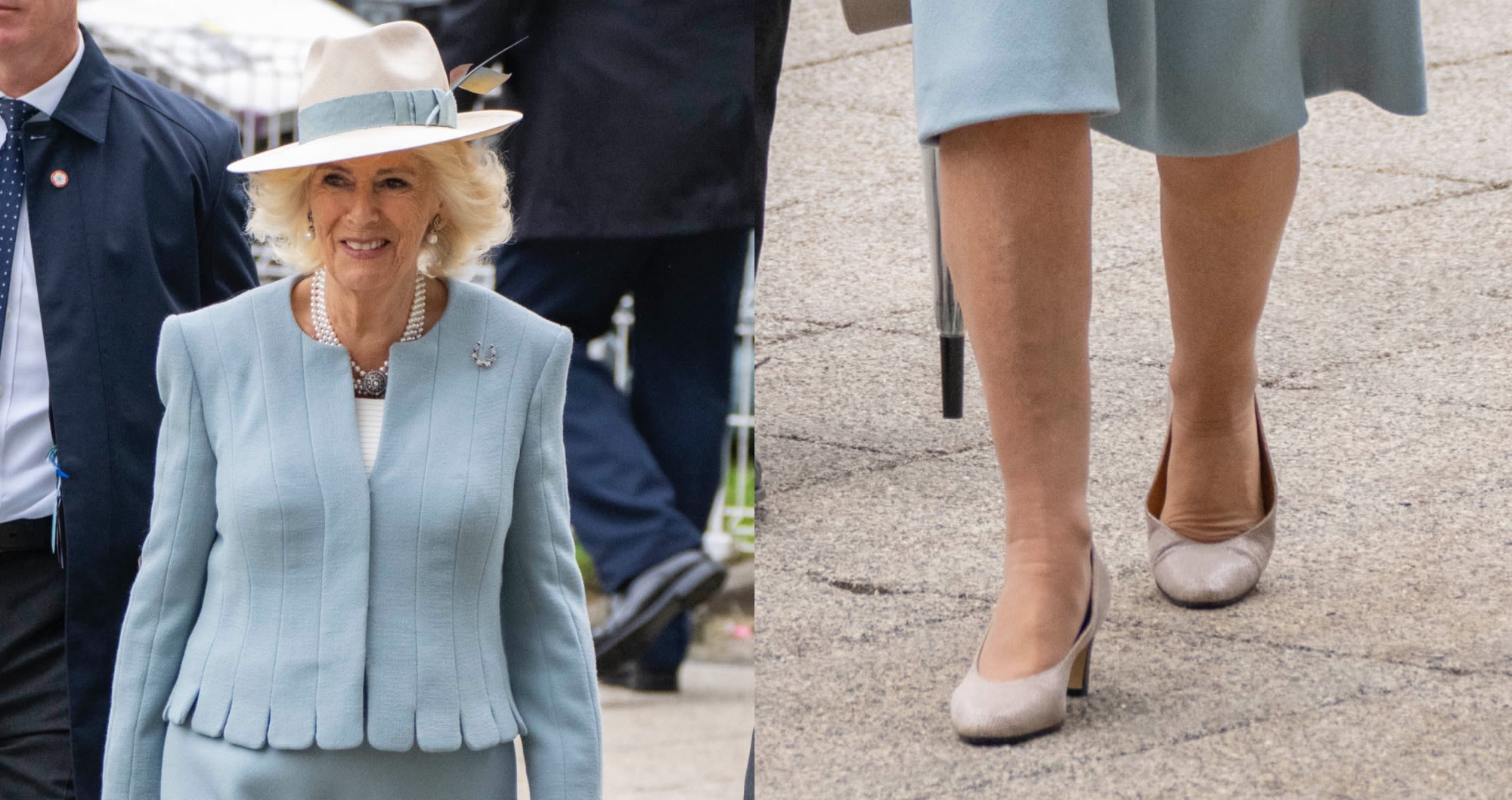 Queen Camilla Gets Regal in Pointy Pumps and Powder Blue Suit for Epsom Downs Racecourse