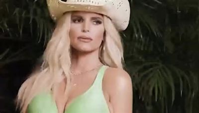 Jessica Simpson, 43, models a mint green bikini top as she announces her brand's collaboration with Walmart... after losing 100lbs