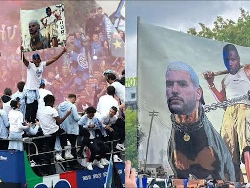 Dumfries se mofa de Theo Hernández con una dura pancarta en la celebración del Inter