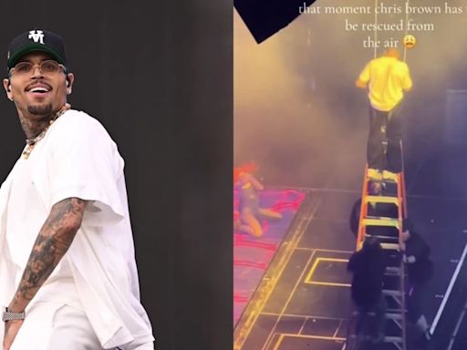 Chris Brown dangles mid-air after getting stuck during concert: Watch dramatic ladder rescue