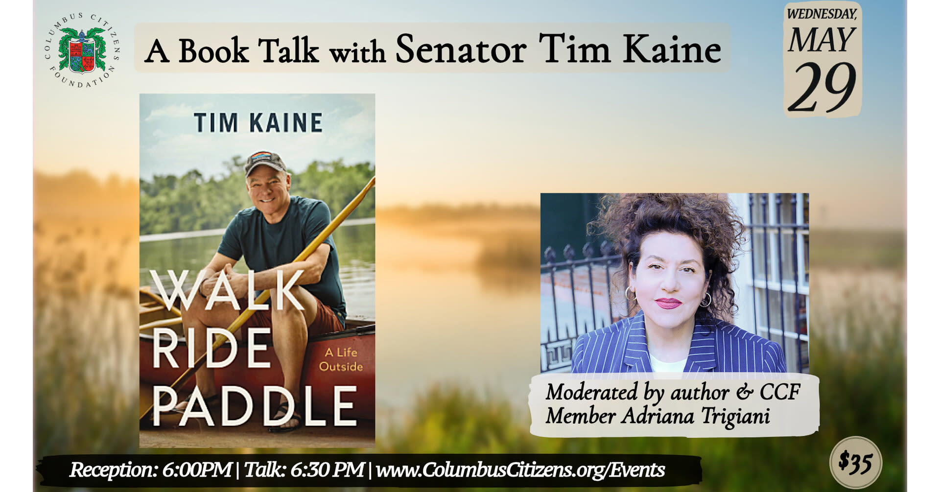 Senator Tim Kaine: A Book Talk at Columbus Citizens Foundation on Wednesday, May 29 - moderated by noted author Adriana Trigiani