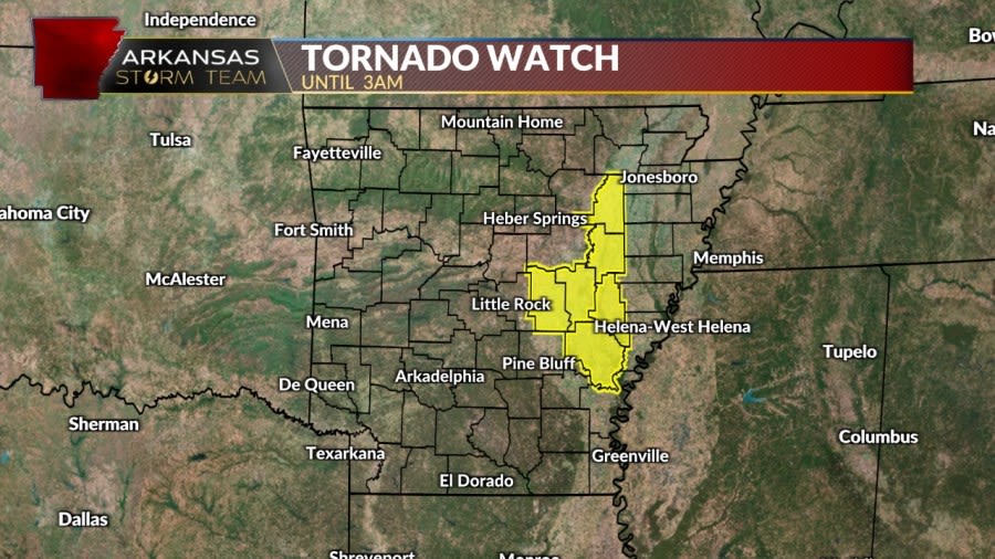 Severe weather threat continues across central and northern Arkansas Tuesday night