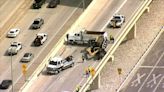 Construction crane rolls off truck on Dallas North Tollway ramp to George Bush Turnpike, causing delays