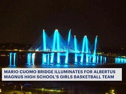 Mario Cuomo Bridge lit up with Albertus Magnus HS colors to celebrate championship