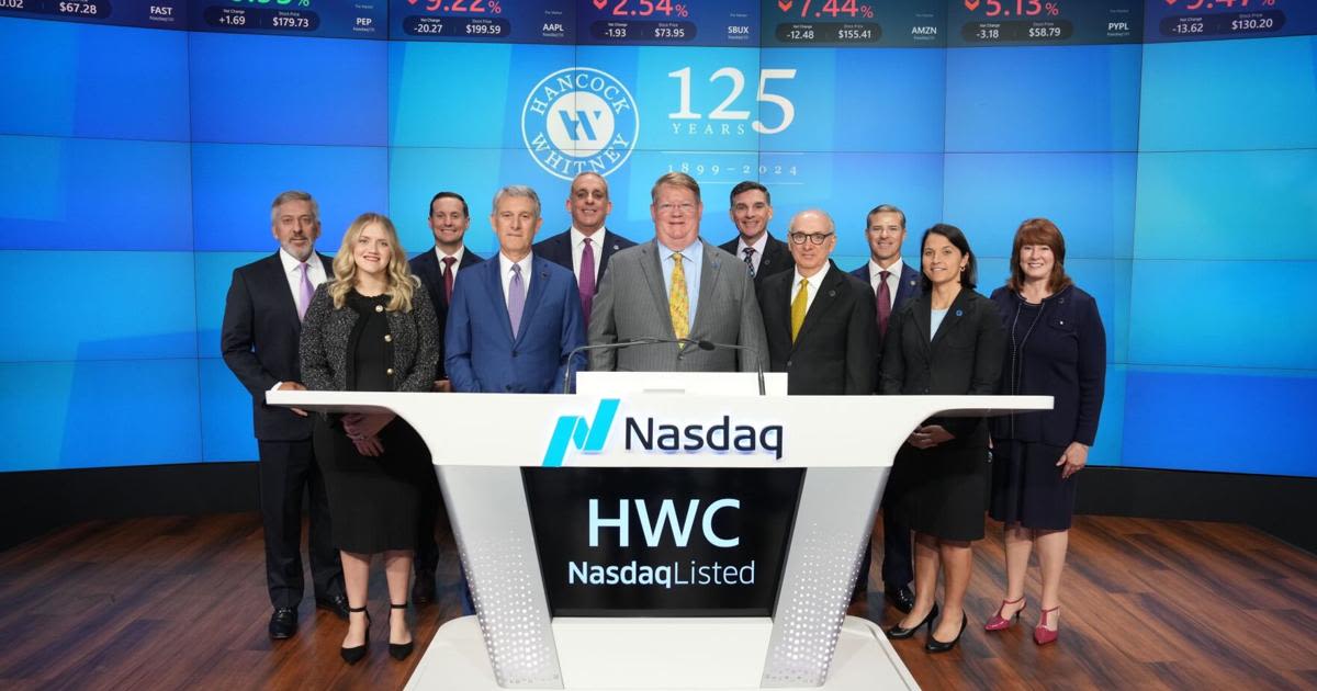 Hancock Whitney's CEO rings opening bell at Nasdaq on turbulent day for stocks