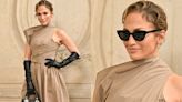 ...Jennifer Lopez Gives Old Hollywood Glamour an Edgy Spin for Dior Fall 2024 Couture Show With Belted Dress and Dramatic Leather...