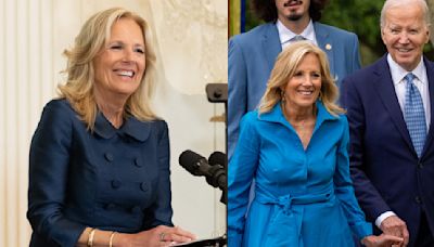 Jill Biden Favors Tailoring in Peter Pan Collar Dress and Pops in Vibrant Carolina Herrera Look for White House Engagements