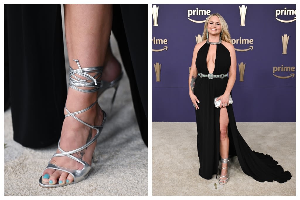Miranda Lambert Pairs Her High-Slit Dress With Strappy Silver Sandals That Show Off Her Teal Pedicure at 2024 ACM Awards