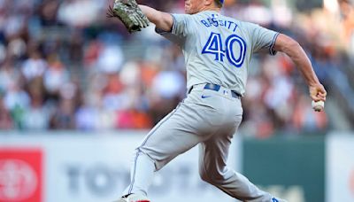 Chris Bassitt of the Toronto Blue Jays pitches against the San Francisco Giants in the first inning at Oracle Park on Wednesday, July 10, 2024, in San Francisco.