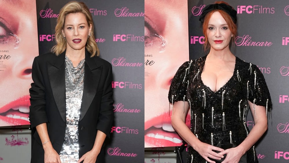 Elizabeth Banks Shimmers in Sleeveless LaPointe Silver Dress Alongside Christina Hendricks in Markarian at ‘Skincare’ New York City...