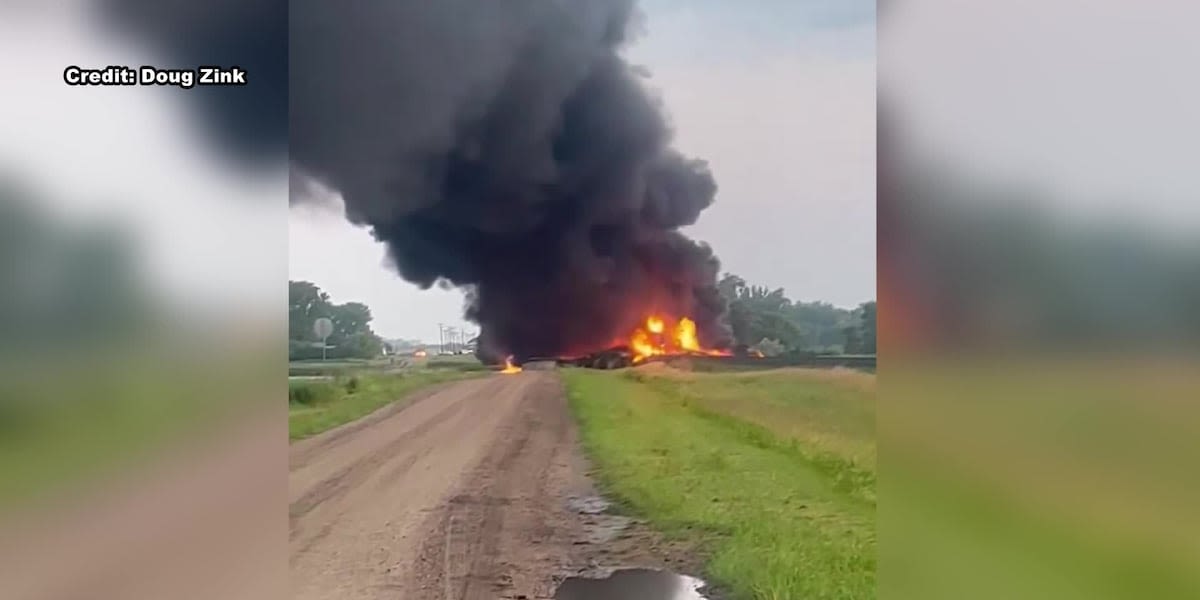 Train derailment causes fire near Carrington, ND