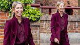 Queen Maxima Trades Vibrant Hues for Monochromatic Bordeaux Power Suit Look for Museum Tour