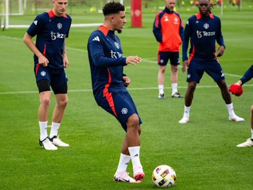 Jadon Sancho pictured in Man Utd training after positive talks with Erik ten Hag