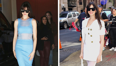 Anne Hathaway Wore a transparent Aquamarine Dress With Matching Stiletto Heels