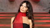 Emily Ratajkowski Is Effortlessly Glamorous in Black Mini Dress and Red Scarf at Paris Beauty Event