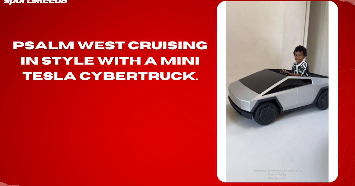 Psalm West cruising in style with a mini Tesla Cybertruck.