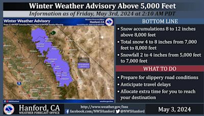 Weather Service Announces a Winter Weather Advisory for the Sierra Nevada Above 5,000 Feet Begins Saturday Morning (May 4, 2024)