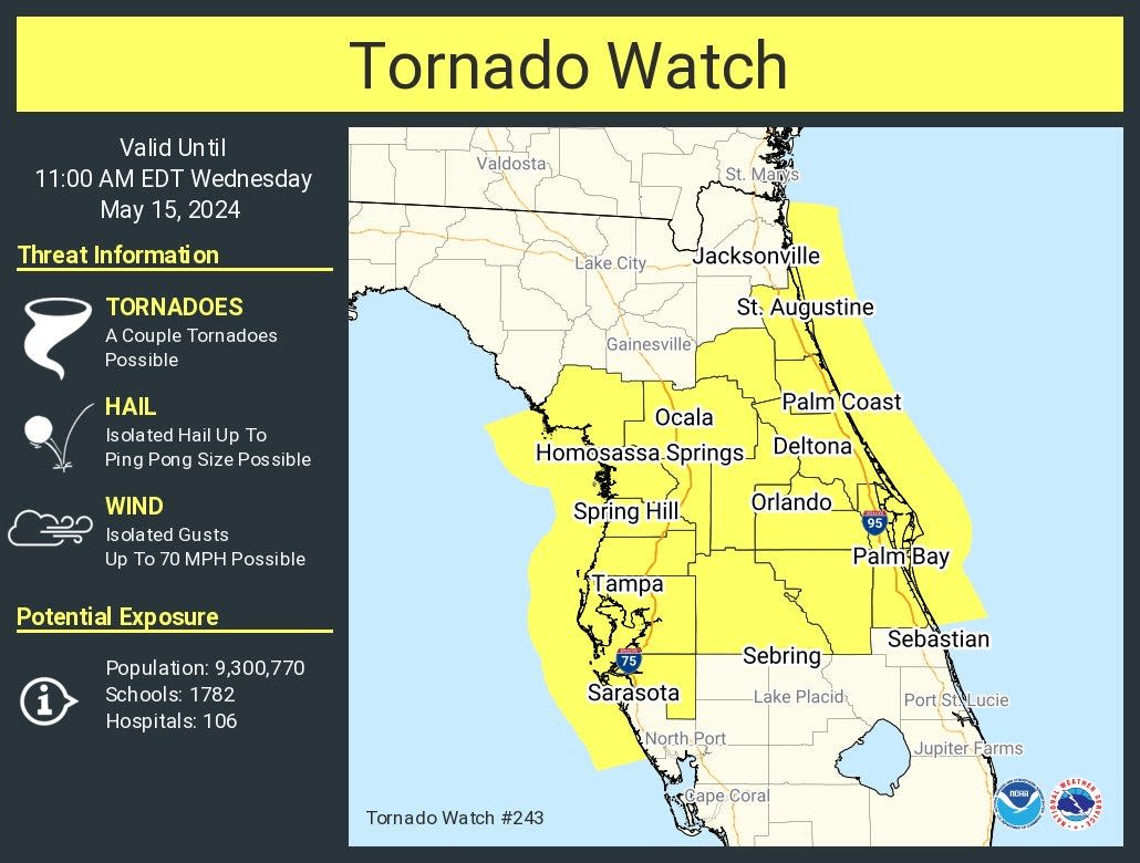 Tornado watch issued for 19 Florida counties as storms move through. See weather radar