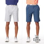 【Lynx Golf】男款彈性舒適腰圍兩側鬆緊帶素面基本款後袋Lynx繡花雙折休閒短褲(二色)