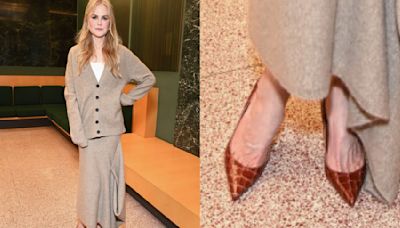 Nicole Kidman Slips On Croc-Embossed Pumps With Cozy Ferragamo Sweater Ensemble to Talk ‘Expats’
