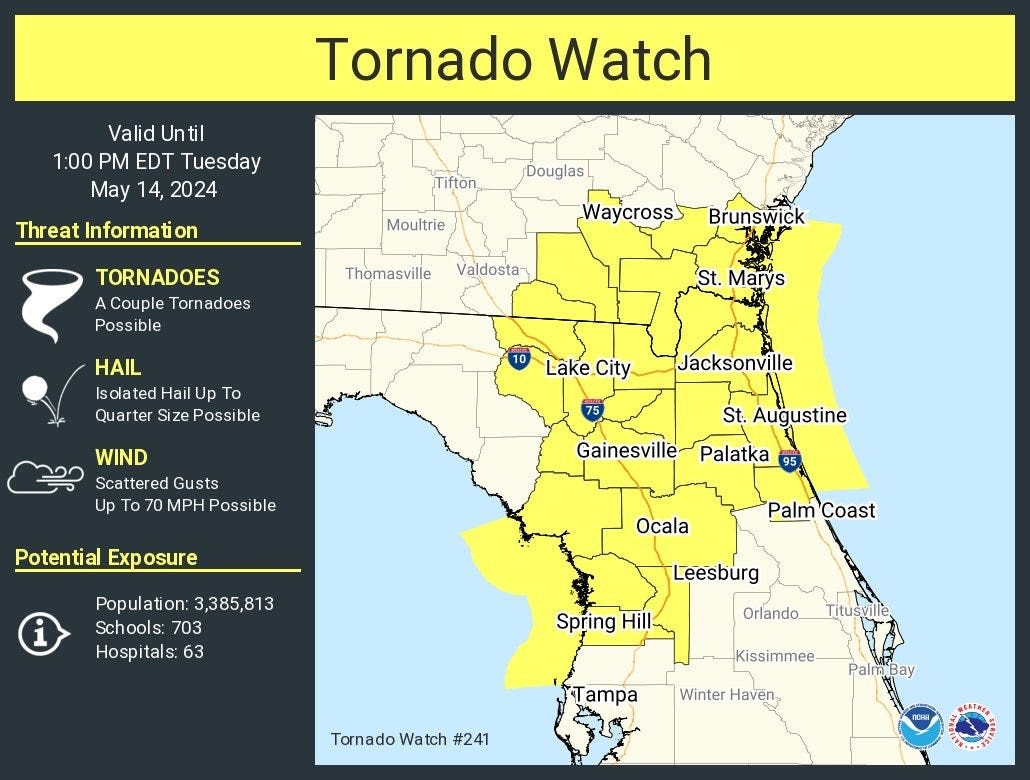 Tornado watch issued for Flagler County, Palm Coast. Watch radar as storms approach