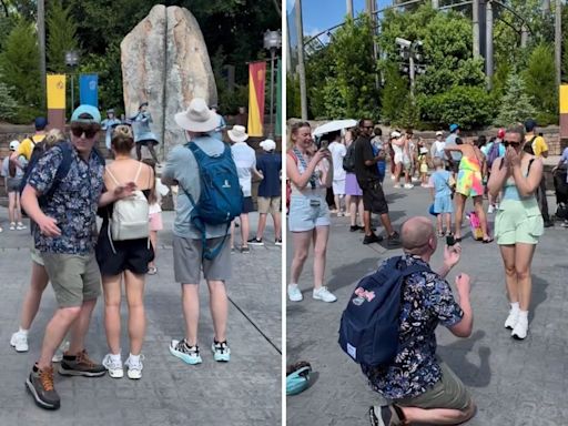 Man dressed in disguise surprises girlfriend with Universal Studios proposal | ITV News