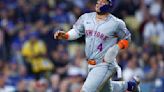 Francisco Alvarez of the New York Mets scores a run against the Los Angeles Dodgers in the second inning at Dodger Stadium on April 19, 2024, in Los Angeles.