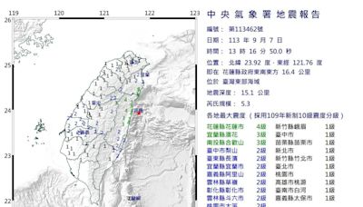 快訊/吃飽飯開搖！下午1時16分地震「花蓮最晃震度4級」 雙北明顯有感