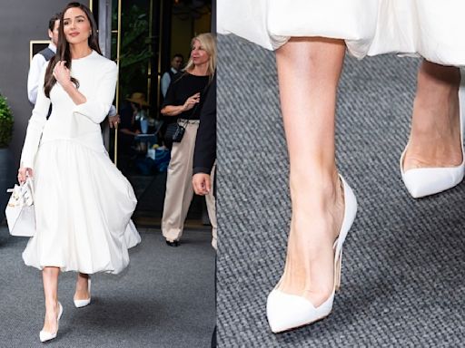 Olivia Culpo Goes Asymmetrical in Francesco Russo’s Curved Pumps While Leaving New York City Hotel