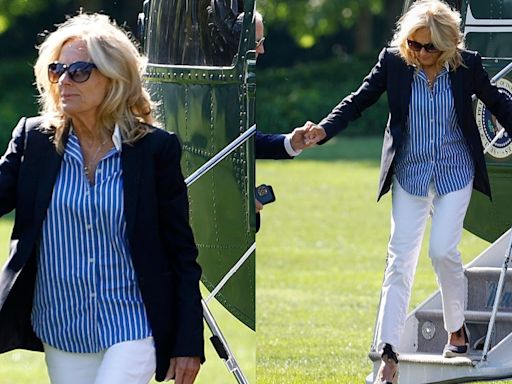 Jill Biden Gives Power Suiting a Summery Spin in Pin-striped White and Blue Shirt After Weekend Trip to Delaware With President...