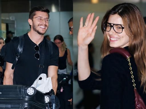 Camila Queiroz e Klebber Toledo são fotografados com muitas malas em aeroporto