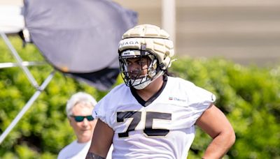 Taliese Fuaga knocking off the rust at left tackle in Saints rookie minicamp